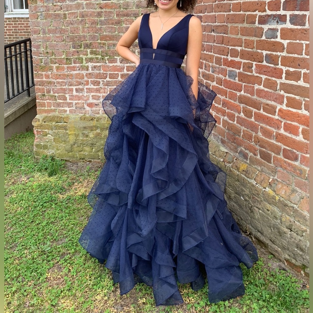 Sherri Hill Ruffled Ball Gown Style 52691 | Size 2 | Navy Blue